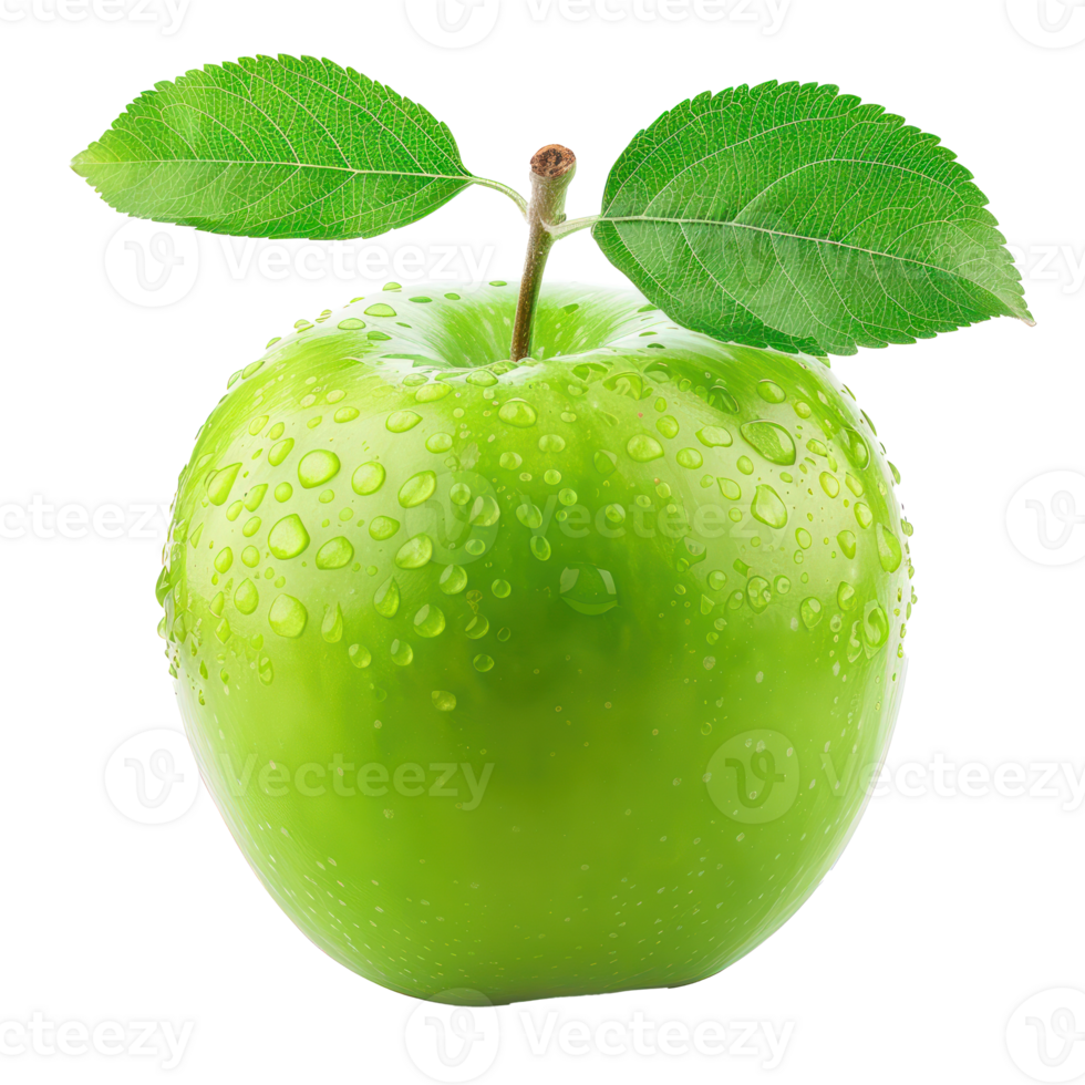 Fresh Green Apple with green leaves, clipping path isolate on transparency background png