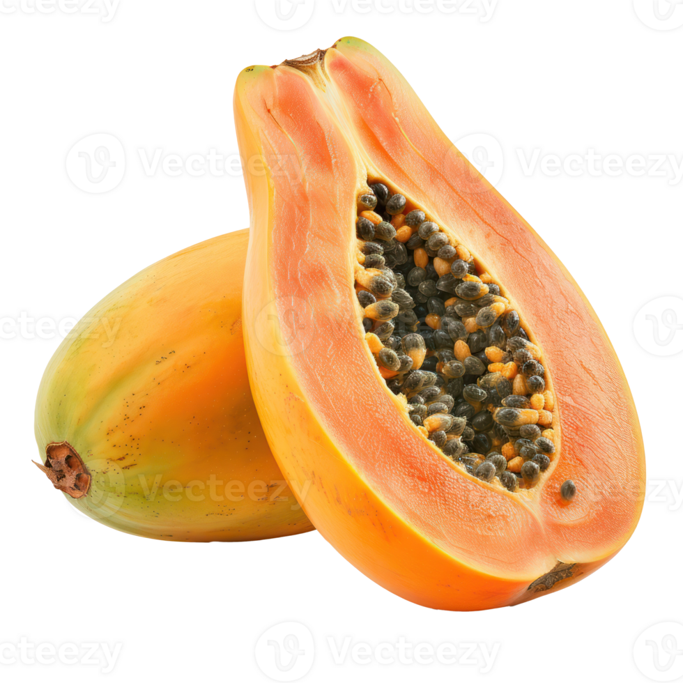 Papaya whole and a half, clipping path isolate on transparency background png