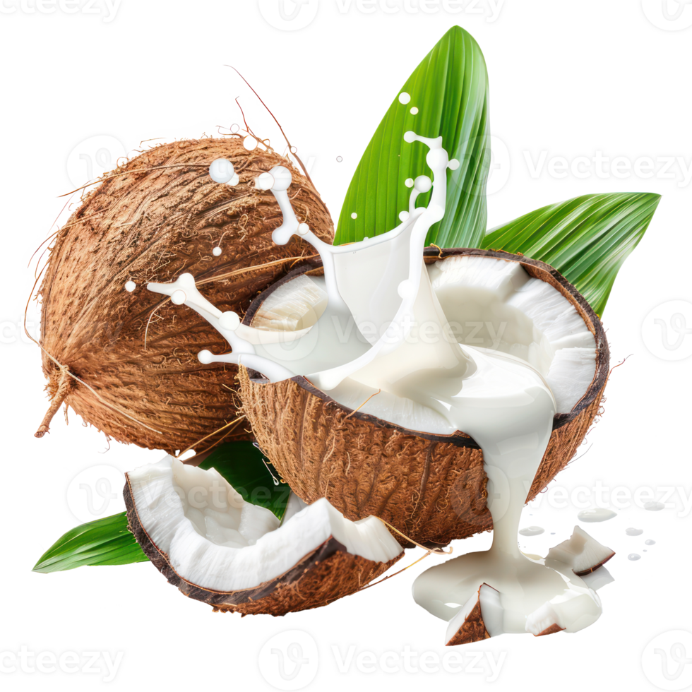 Whole and cut coconuts with milk splashing and green leaves isolate on transparency background png
