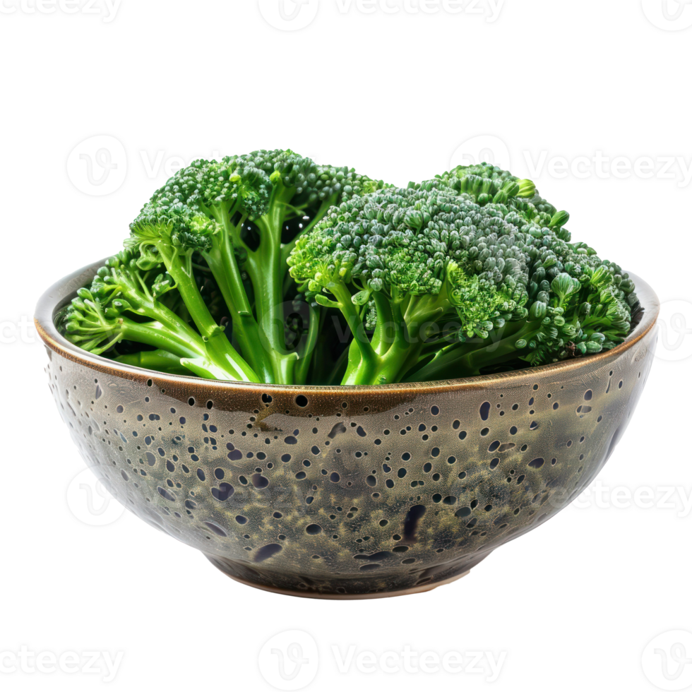 Broccolini in a bowl front view isolate on transparency background png