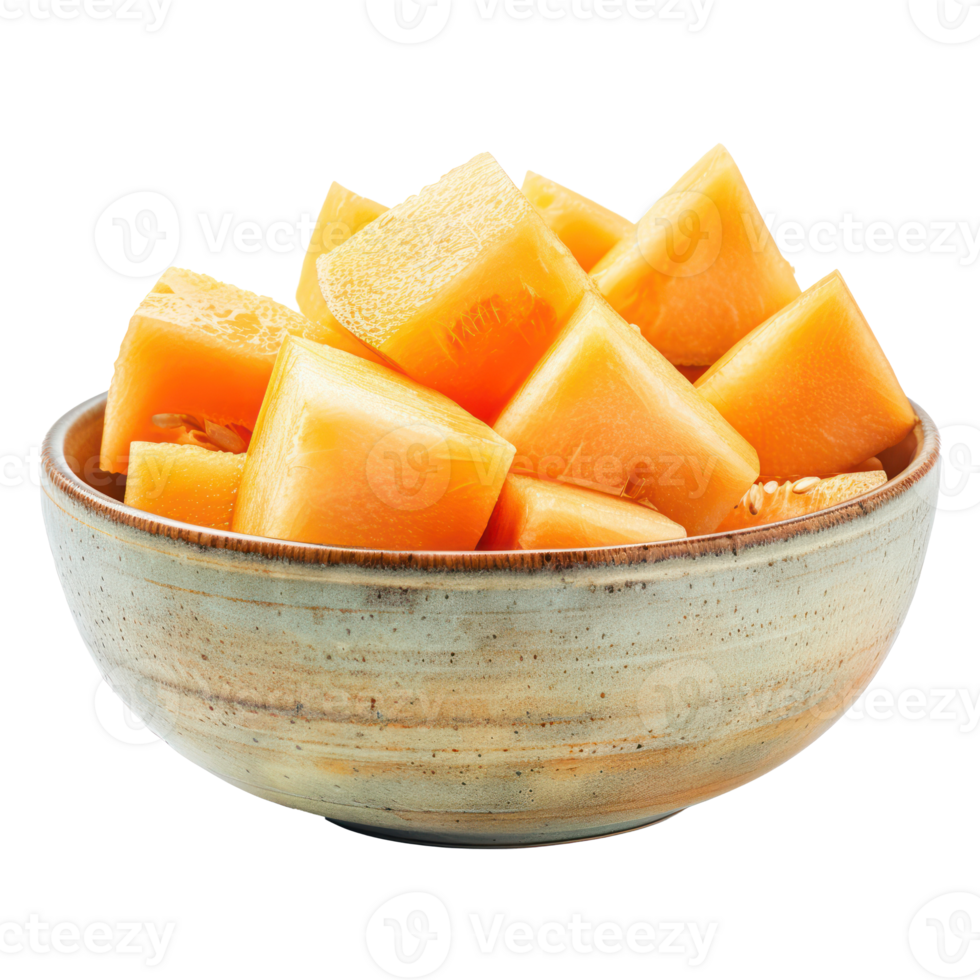 Sliced pieces of Cantaloupe melon in bowl front view isolate on transparency background png