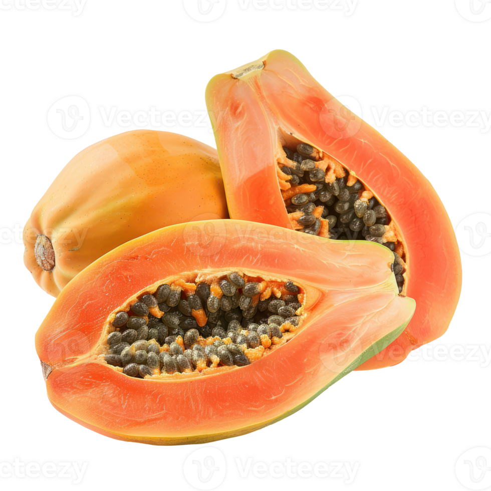 Papaya whole and a half, clipping path isolate on transparency background png