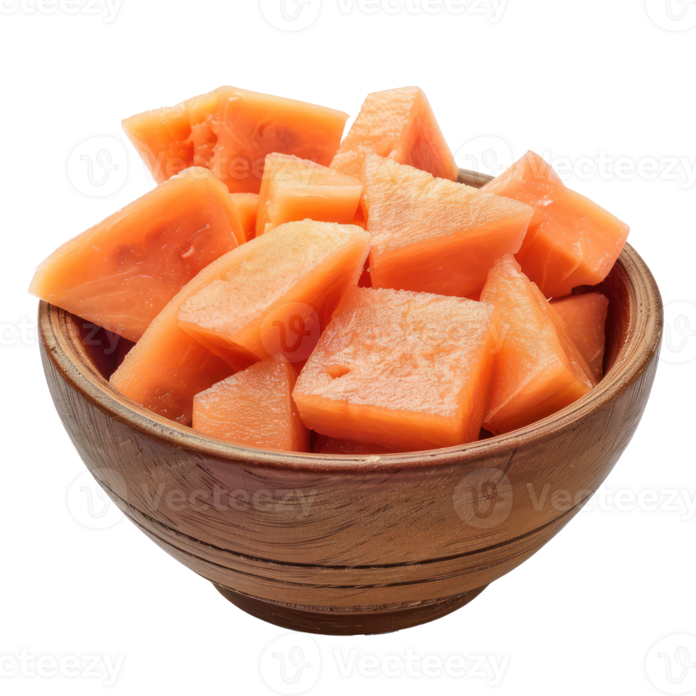 Sliced pieces of Papaya in bowl front view isolate on transparency background png