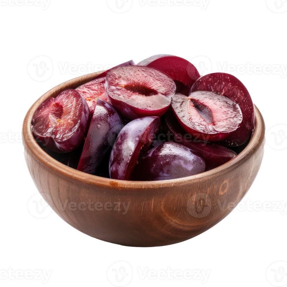Sliced pieces of Plum in bowl front view isolate on transparency background png