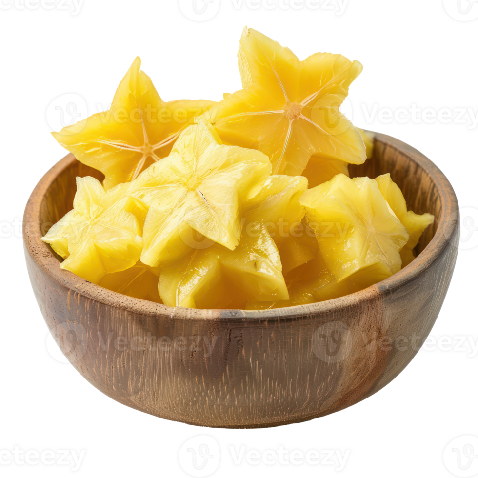 Sliced pieces of star fruit in bowl front view isolate on transparency background png