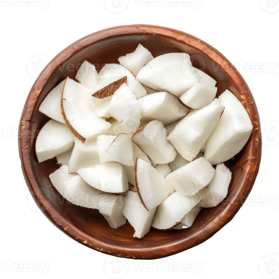 Sliced pieces of Coconut in bowl top view isolate on transparency background png