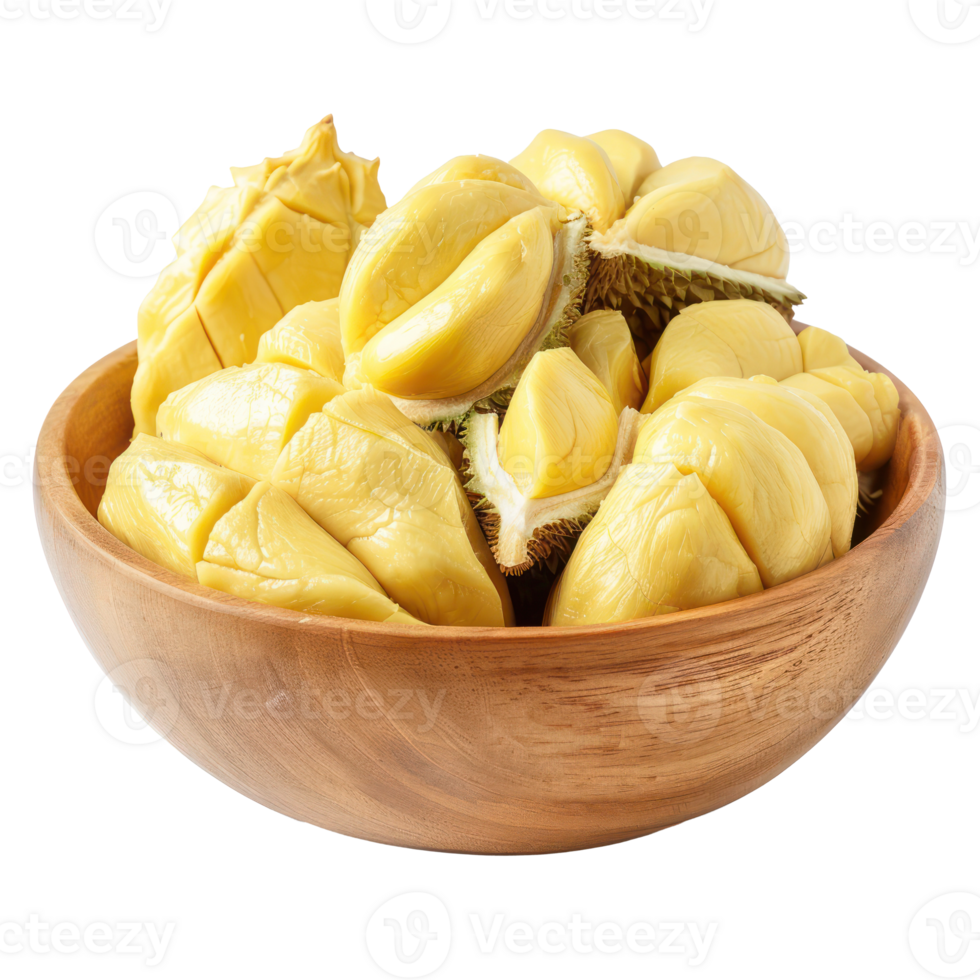 Sliced pieces of durian fruit in bowl front view isolate on transparency background png