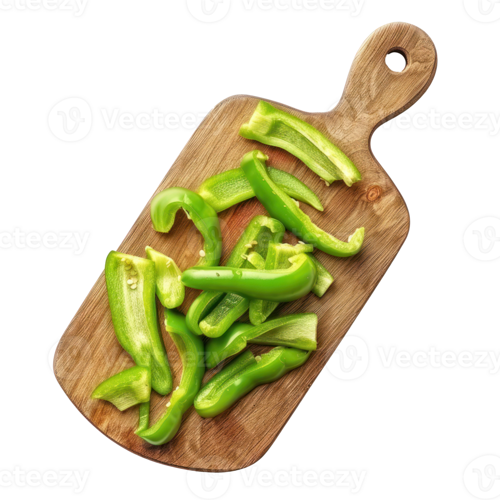 Sliced Anaheim Peppers on chopping board top view isolate on transparency background png