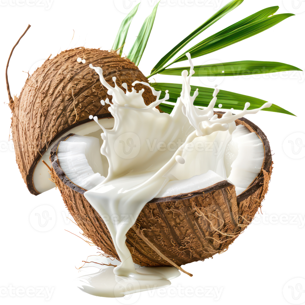 Whole and cut coconuts with milk splashing and green leaves isolate on transparency background png