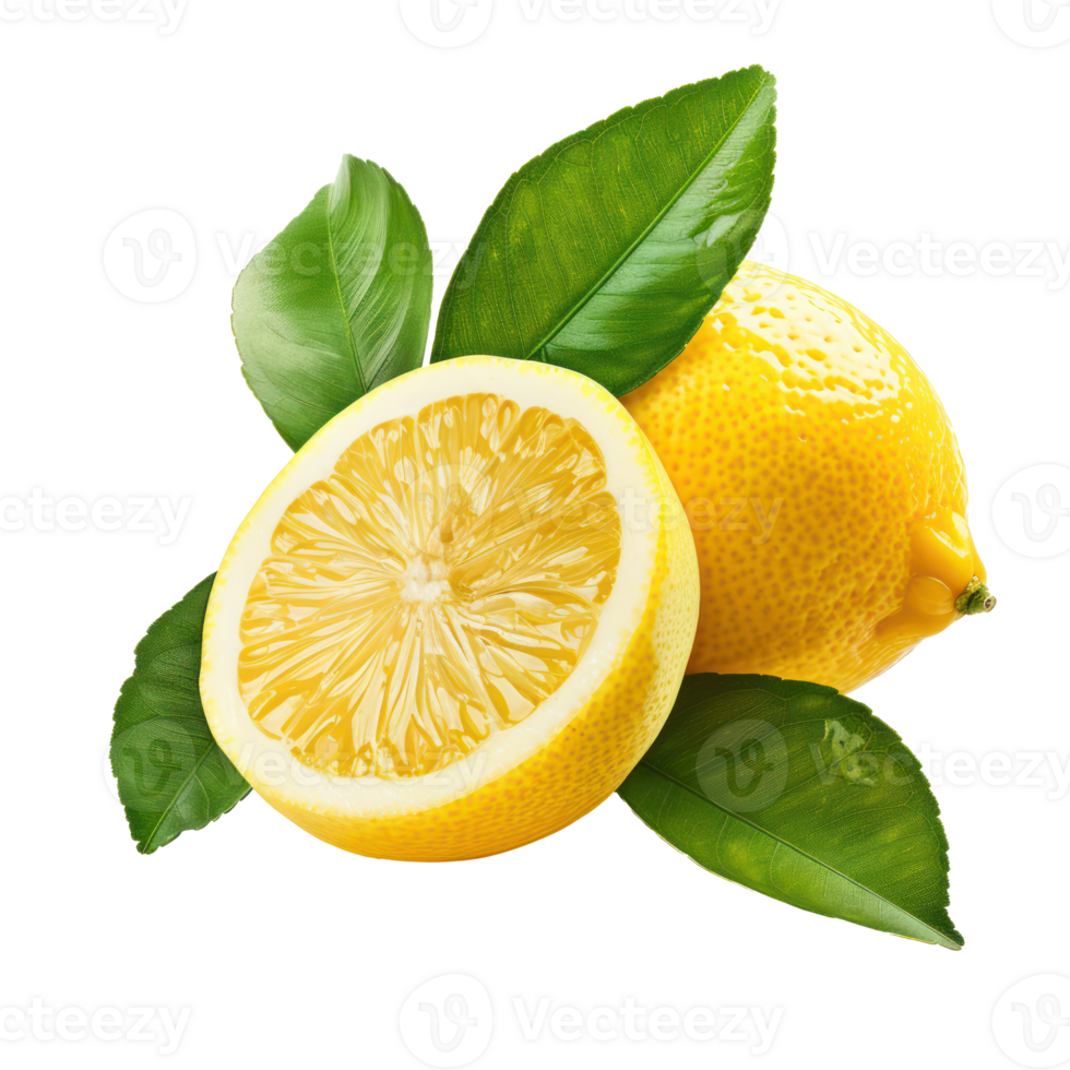 Fresh Lemon with green leaves, clipping path isolate on transparency background png