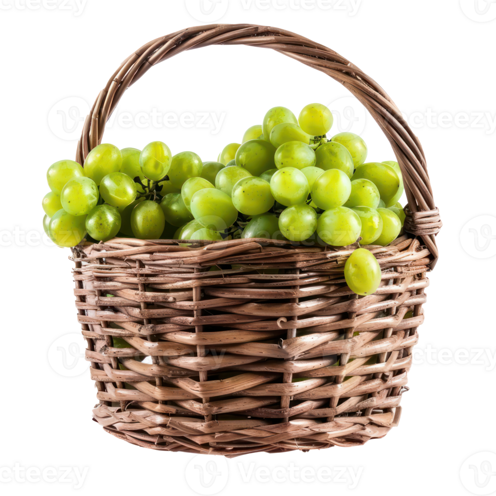 Green grapes in a basket front view isolate on transparency background png