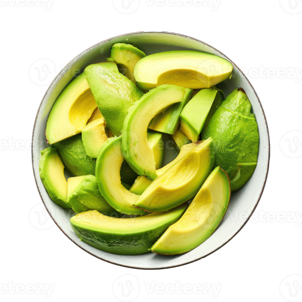 Sliced pieces of Avocado in bowl front view isolate on transparency background png