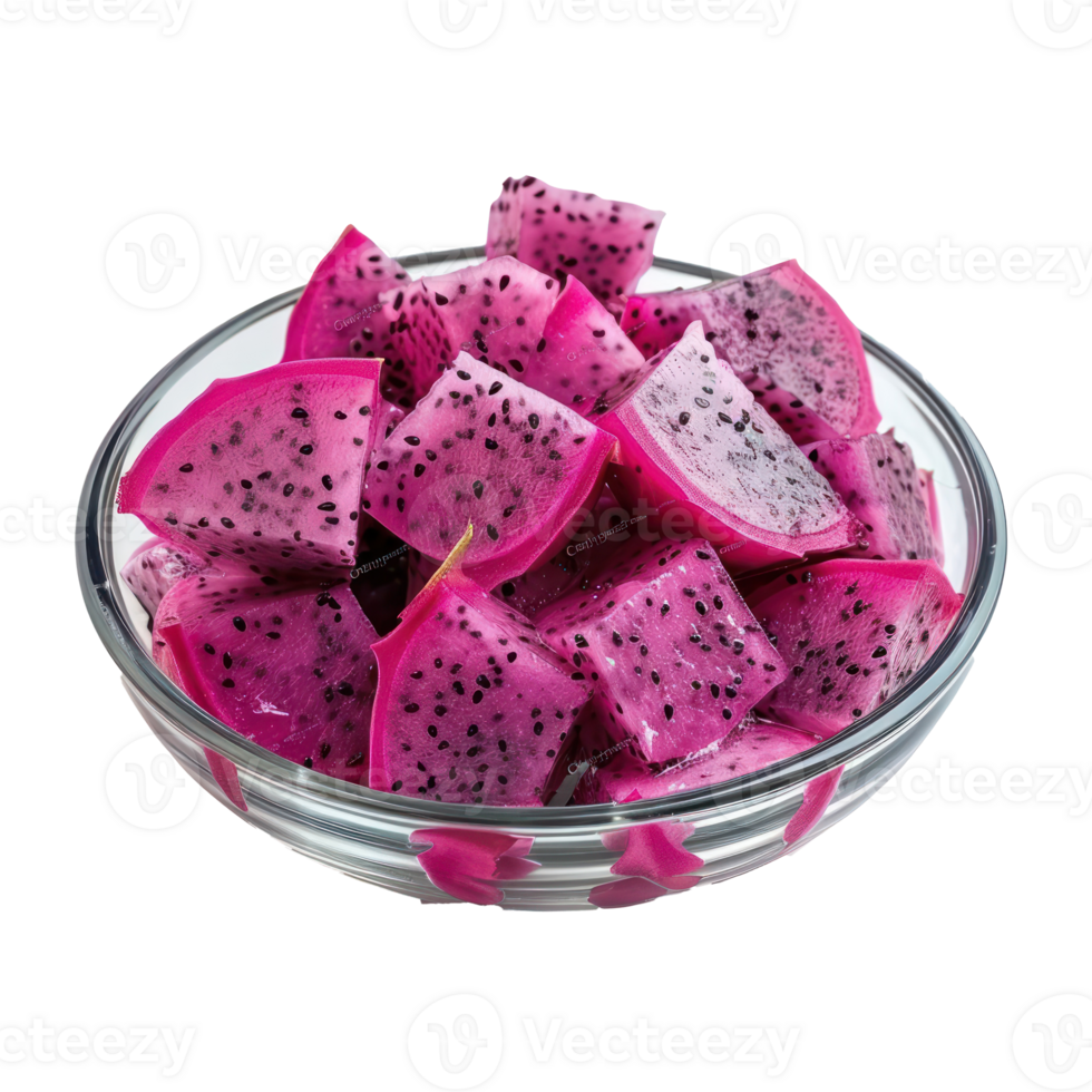 Sliced pieces of Dragon fruit in bowl front view isolate on transparency background png