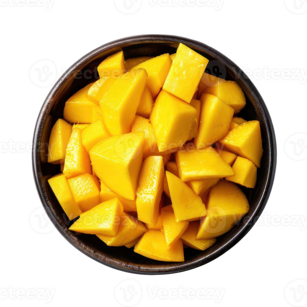Sliced pieces of Mango in bowl top view isolate on transparency background png