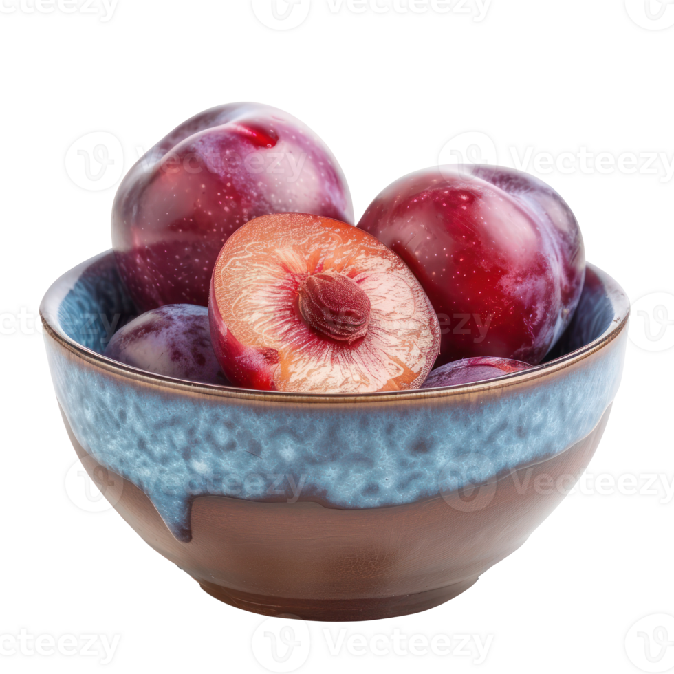 Plum in a bowl front view isolate on transparency background png