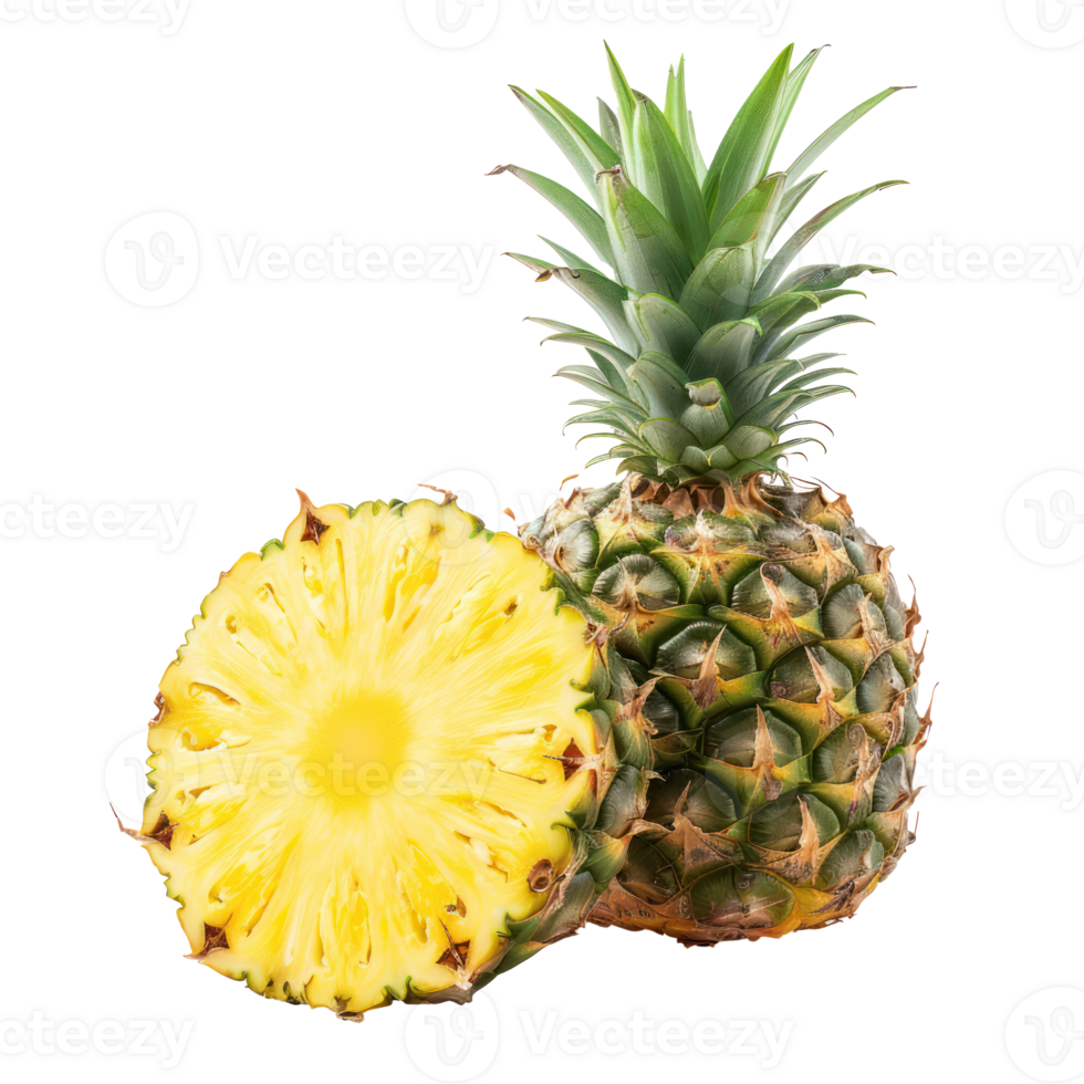 Pineapple whole and a half, clipping path isolate on transparency background png
