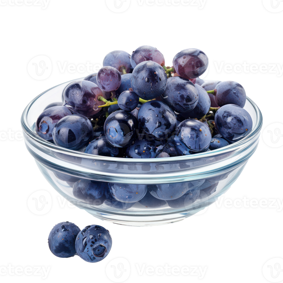 Sliced pieces of Blue grapes in bowl front view isolate on transparency background png