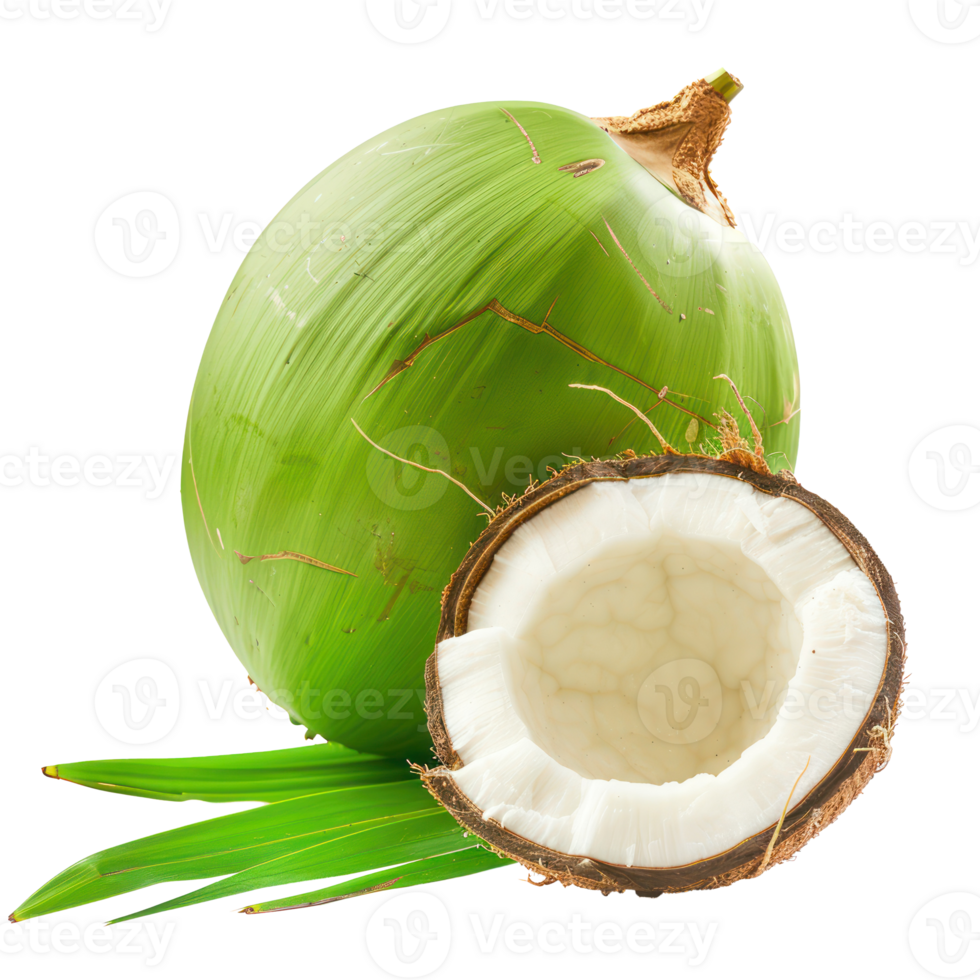Fresh green coconut with green leaf front view isolate on transparency background png