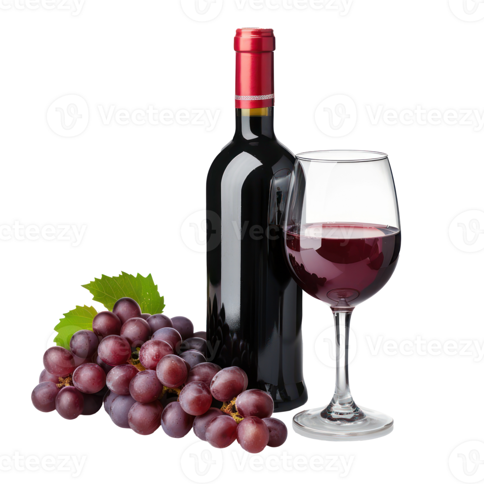 Red grapes wine bottle and glasse front view isolate on transparency background png