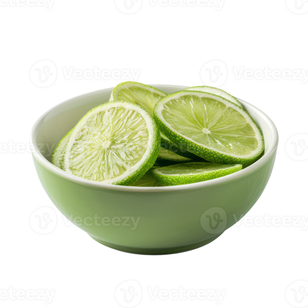 Sliced pieces of Lime in bowl front view isolate on transparency background png