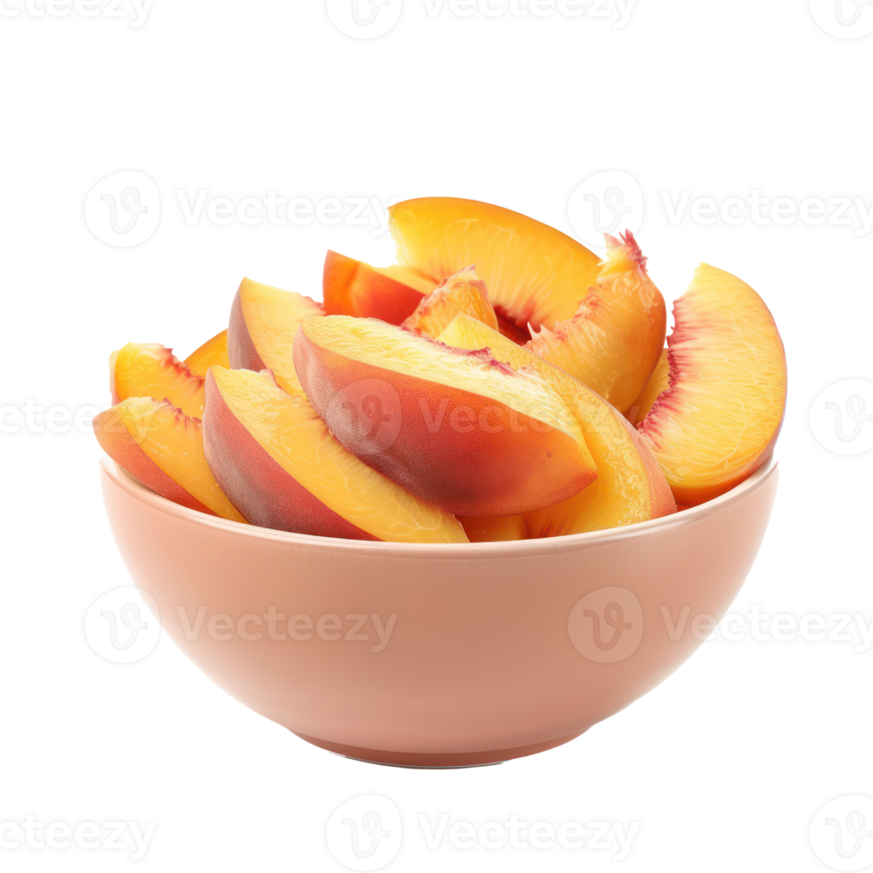Sliced pieces of Peach in bowl front view isolate on transparency background png