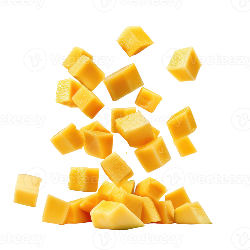 Closeup Falling mango cubes isolate on transparency background png