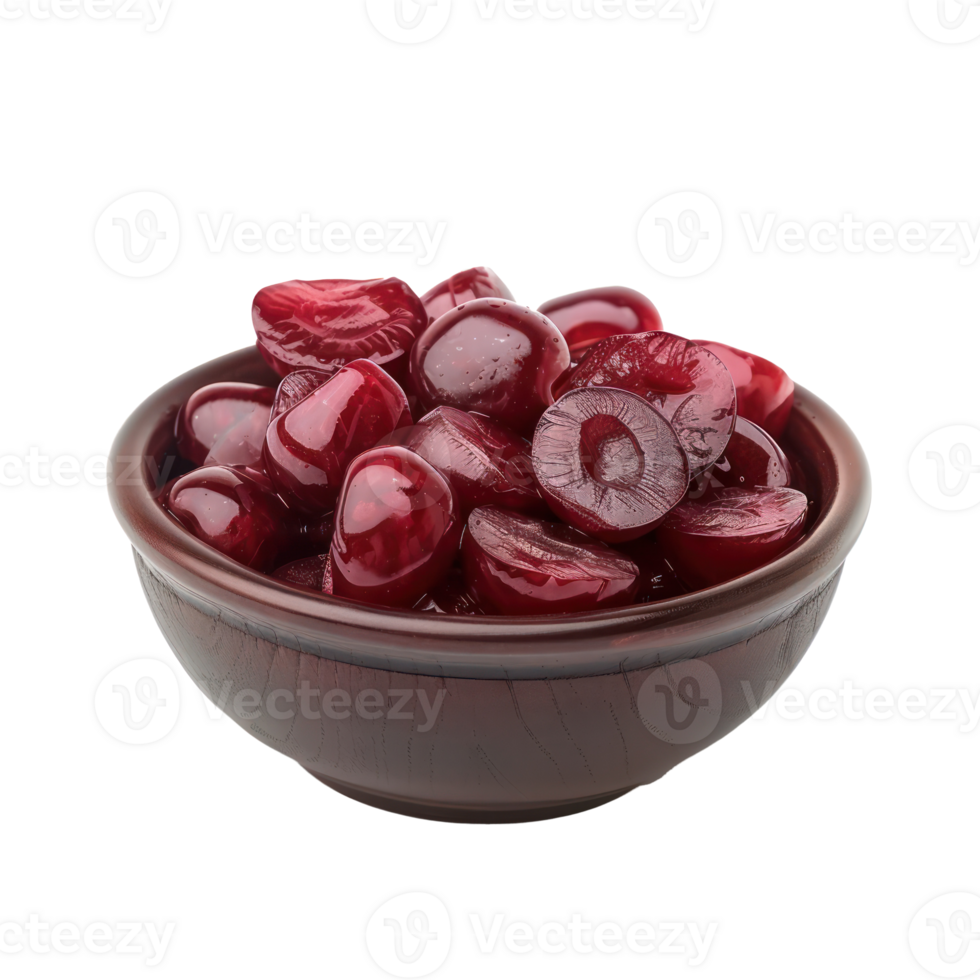 Sliced pieces of Cherry in bowl front view isolate on transparency background png