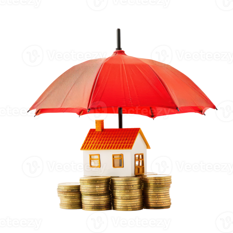 Umbrellar protection Small house model on stack gold coins isolate on transparency background png