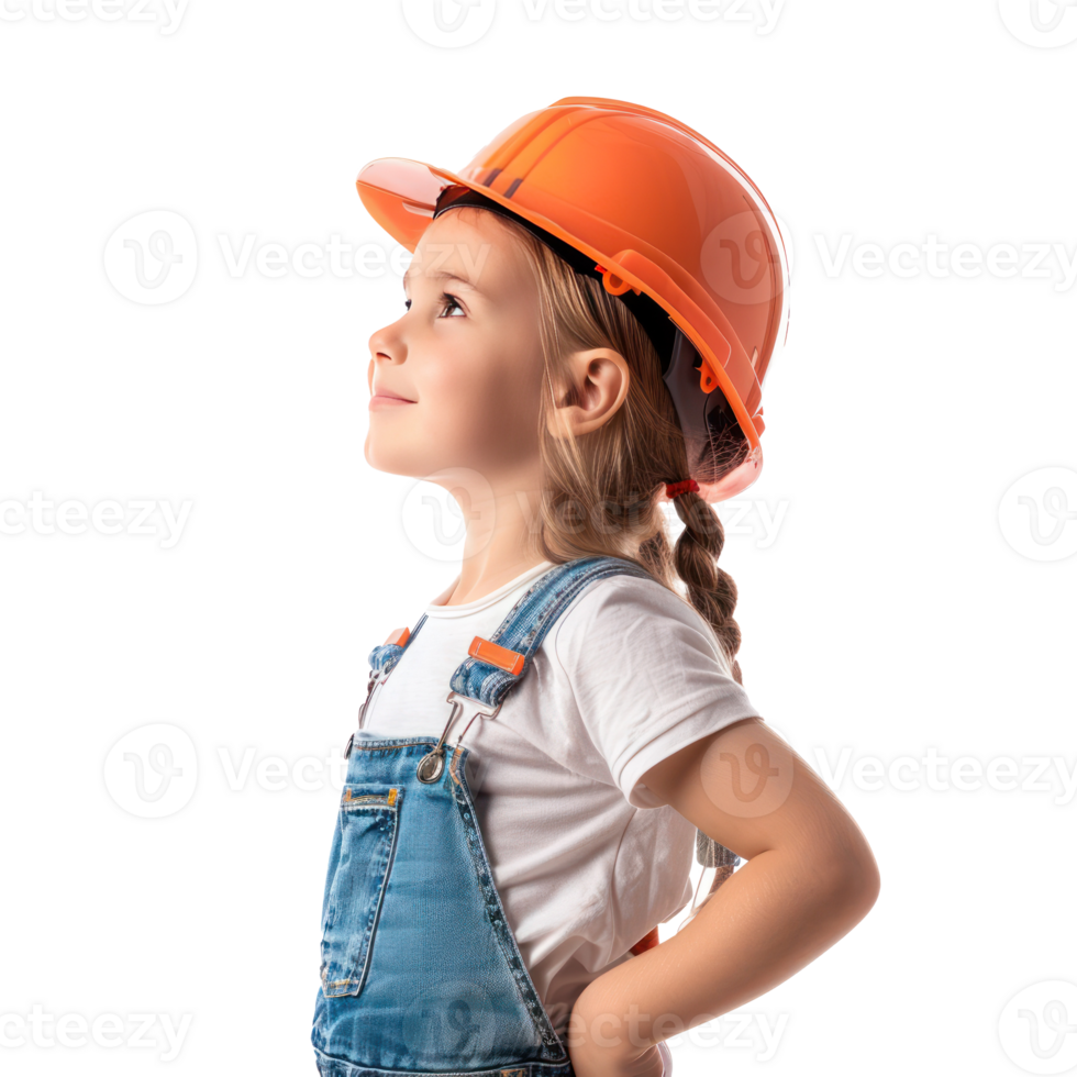 Smiling little girl wearing hard hat construction worker uniform standing side view isolate on transparency background png