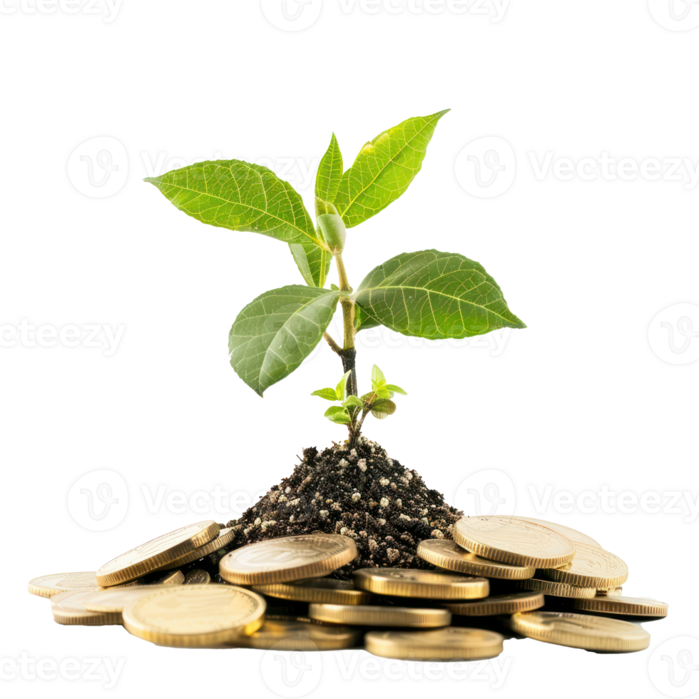 Plant growing on pile of gold coins isolate on transparency background png