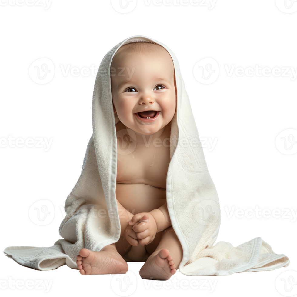 Smiling cute baby sitting wrap in towel after bathing side view isolate on transparency background png