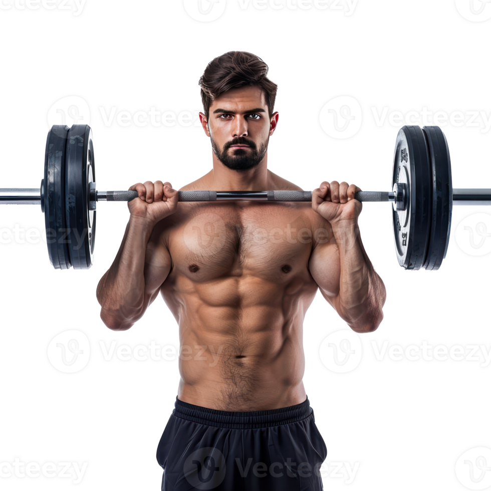 Young man with barbell training, weightlifting concept front view isolate on transparency background png