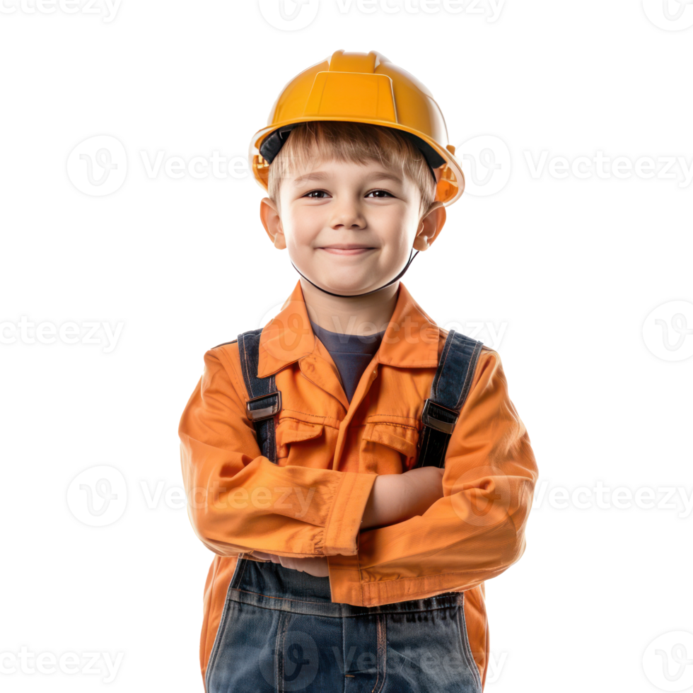 Smiling little boy wearing hard hat construction worker uniform standing front view isolate on transparency background png