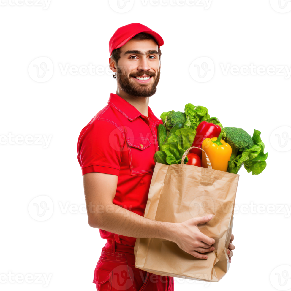 Smiling delivery man with red uniform holding a shopping bag full of vegetable side view isolate on transparency background png