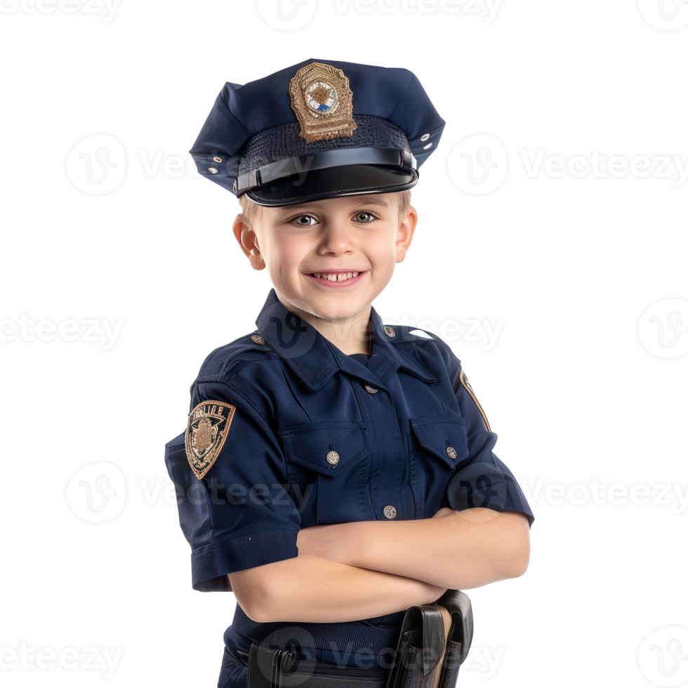 Smiling little boy wearing police uniform standing side view isolate on transparency background png