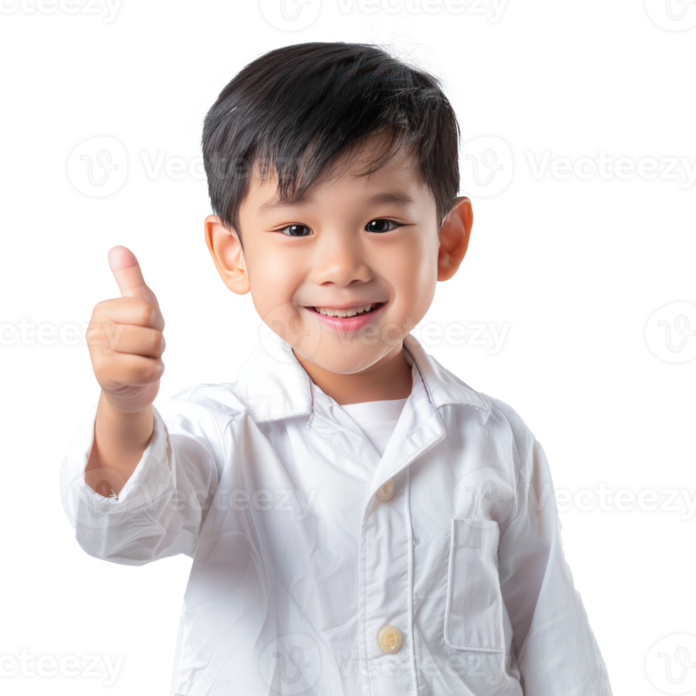 Smiling little boy wearing layer uniform standing with hand gesture giving thumb up isolate on transparency background png