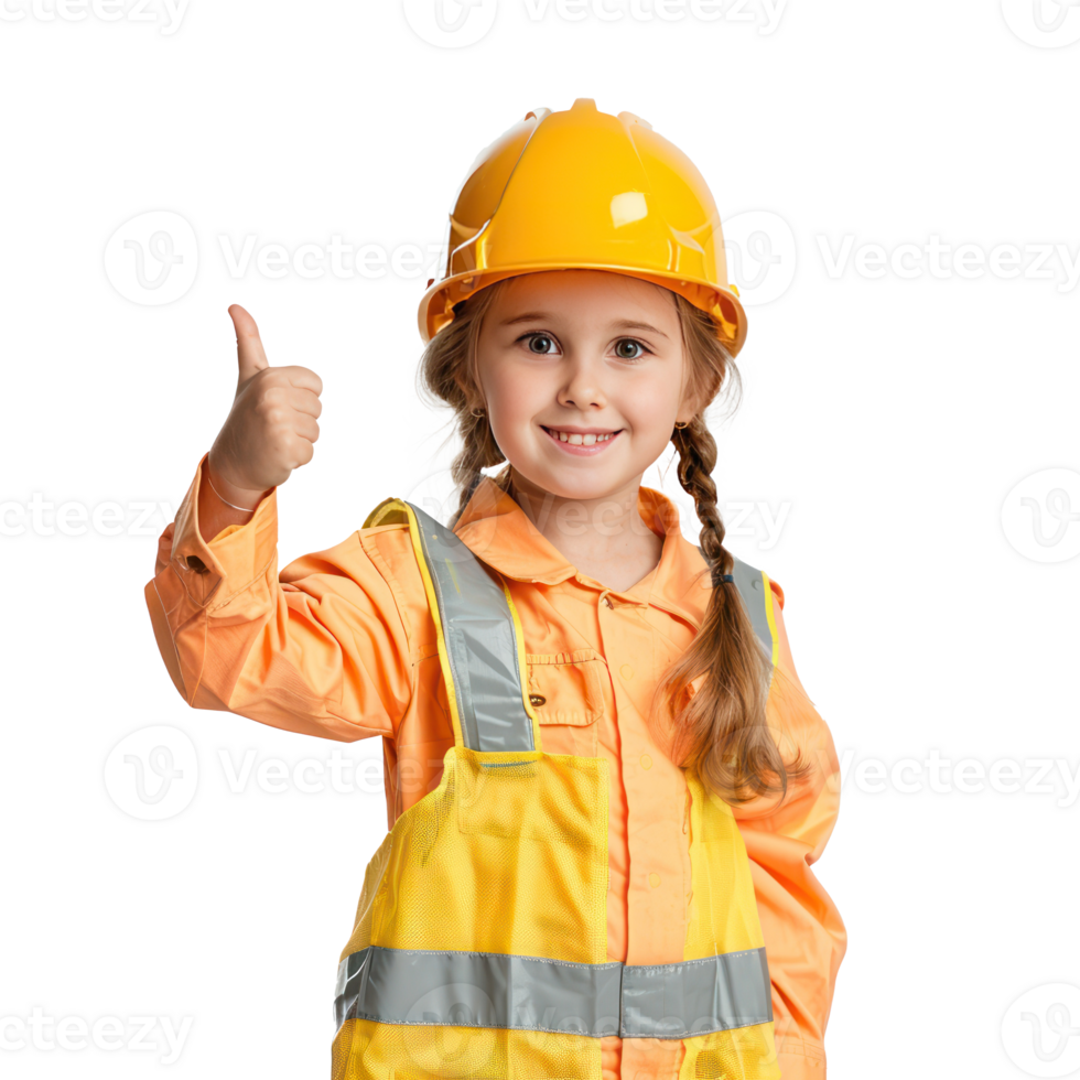 Smiling little girl wearing hard hat construction worker uniform standing with hand gesture giving thumb up front view isolate on transparency background png