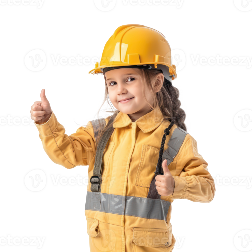 Smiling little girl wearing hard hat engineer uniform standing with hand gesture giving thumb up side view isolate on transparency background png