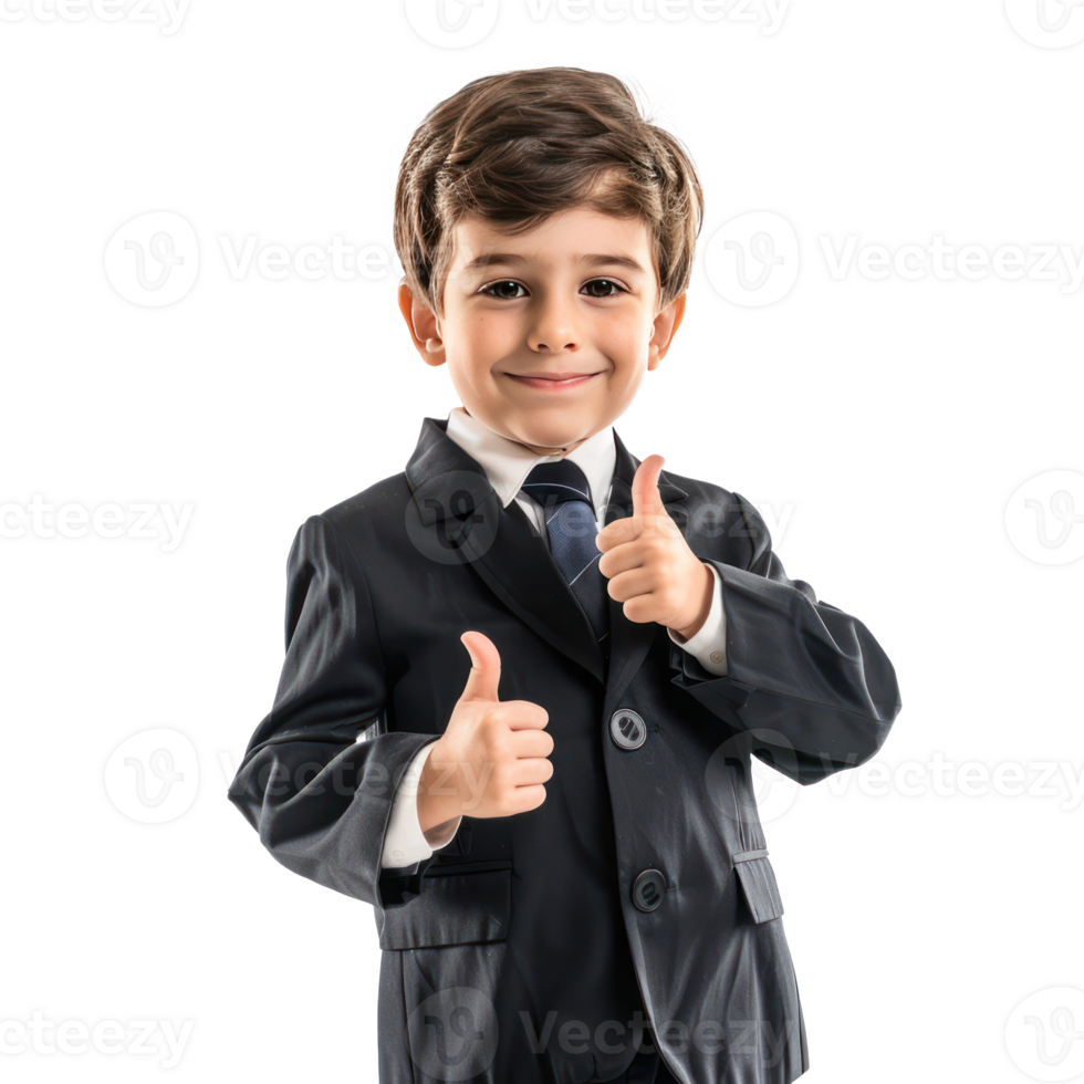 Smiling little boy wearing lawyer uniform standing with hand gesture giving thumb up front view isolate on transparency background png
