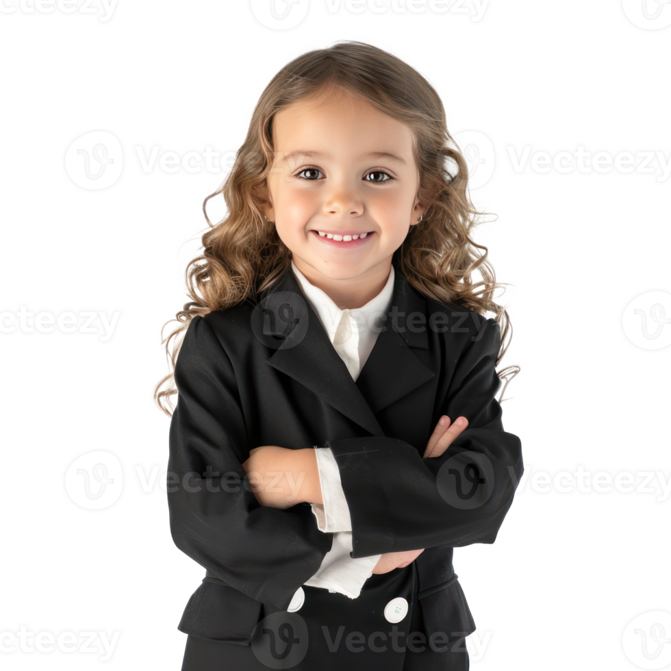 Smiling little girl wearing lawyer uniform standing front view isolate on transparency background png
