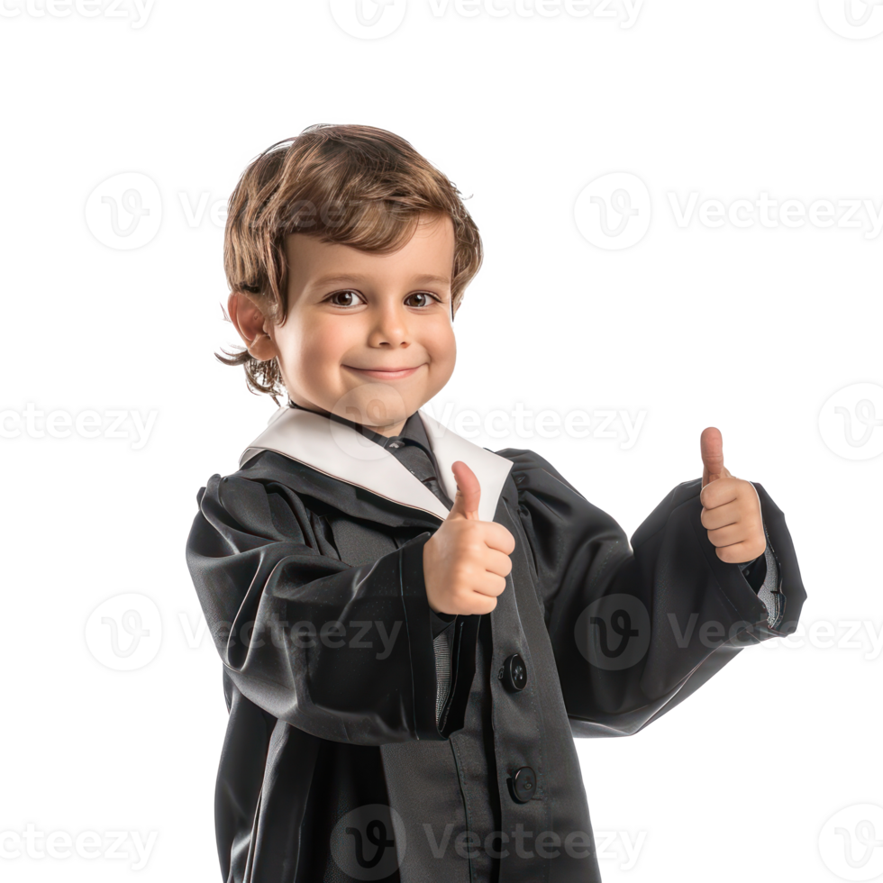 Smiling little boy wearing lawyer uniform standing with hand gesture giving thumb up side view isolate on transparency background png