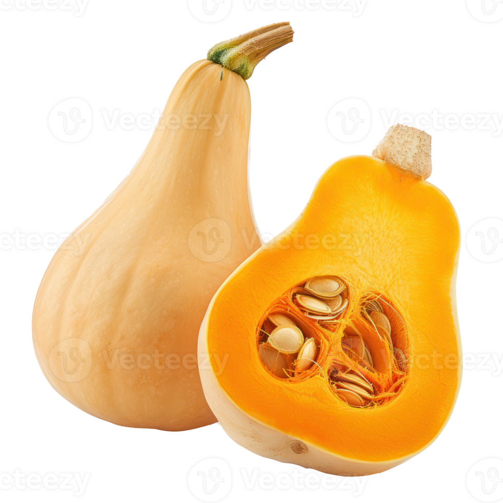 whole and half Butternut Squash isolate on transparency background png