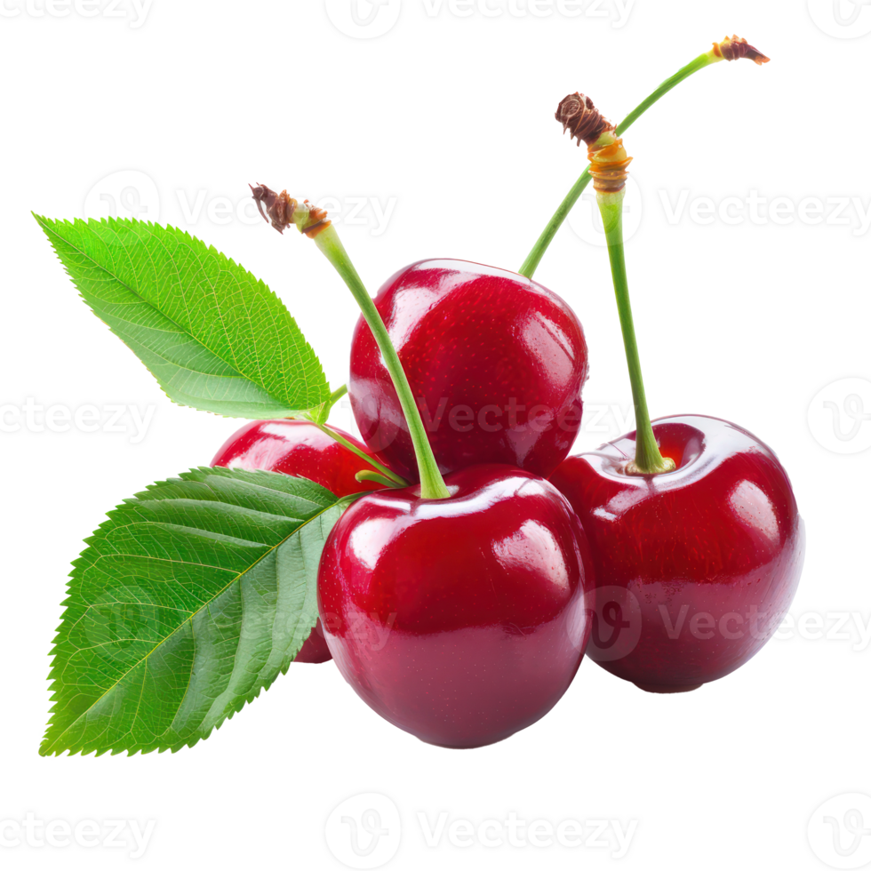 Fresh Cherry with green leaves, clipping path isolate on transparency background png