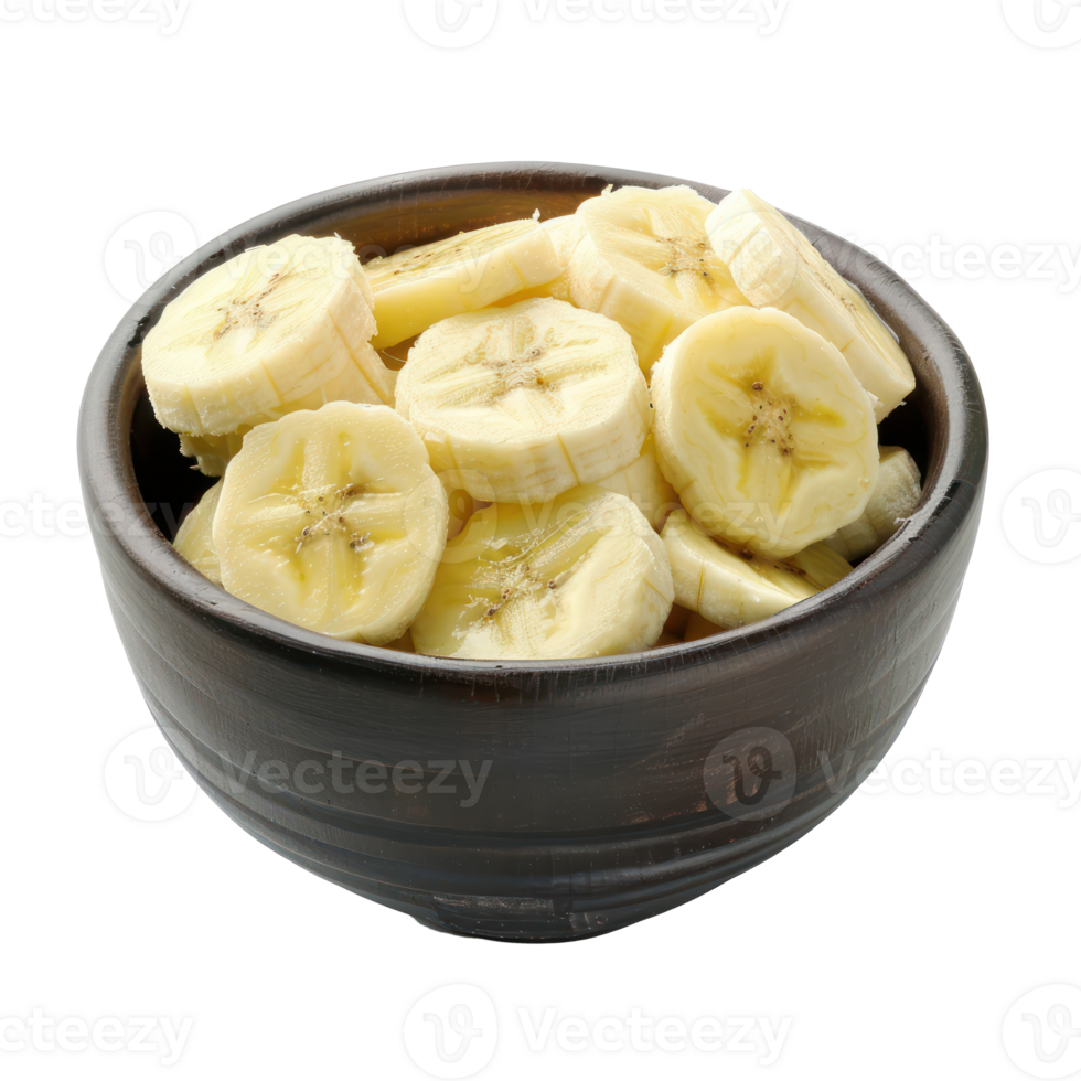 Sliced pieces of banana in bowl front view isolate on transparency background png