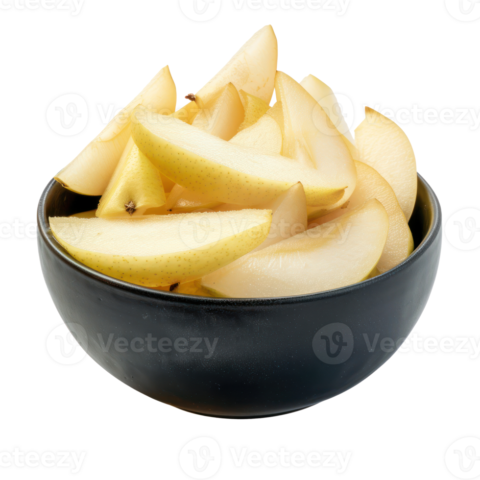 Sliced pieces of pear in bowl front view isolate on transparency background png