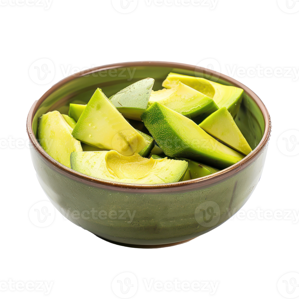 Sliced pieces of Avocado in bowl front view isolate on transparency background png