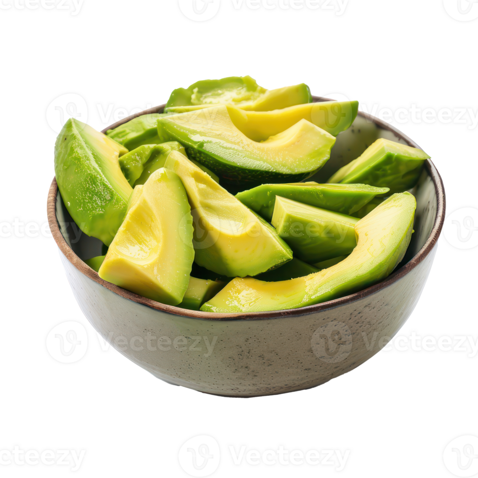 Sliced pieces of Avocado in bowl front view isolate on transparency background png
