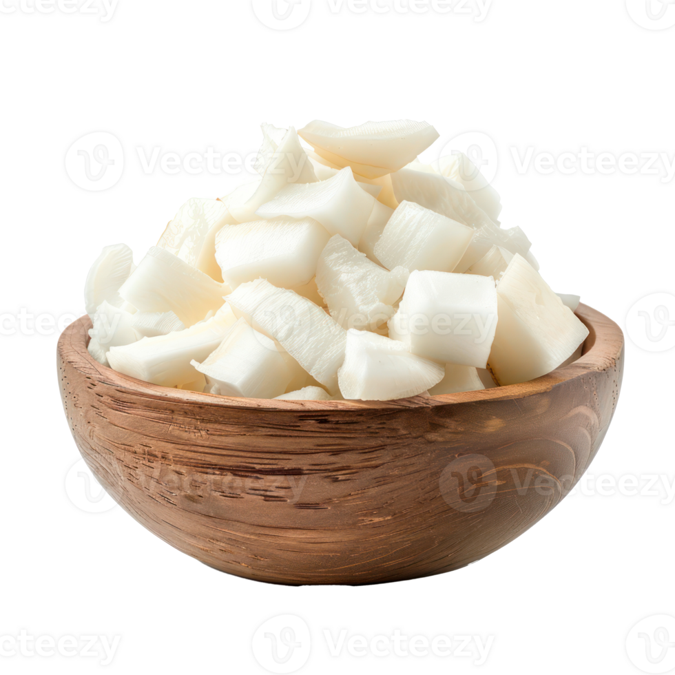 Sliced pieces of Coconut in bowl front view isolate on transparency background png