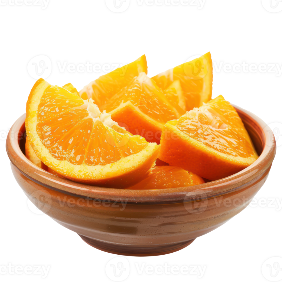 Sliced pieces of Orange in bowl front view isolate on transparency background png