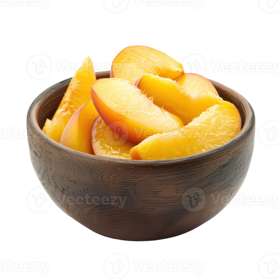 Sliced pieces of Peach in bowl front view isolate on transparency background png